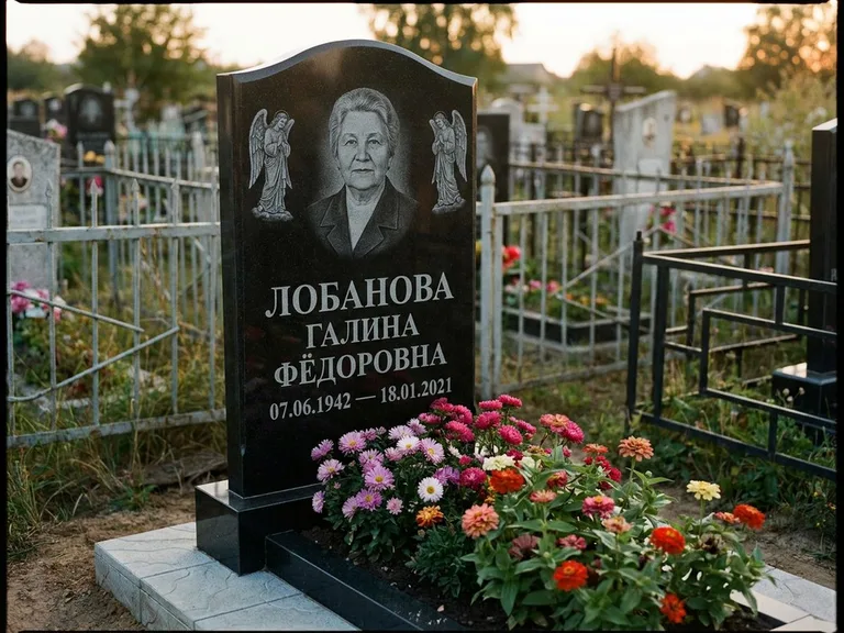 Памятник с гравировкой ангела — гравировка двух ангелов по сторонам портрета, работа «Лобанова» в Санкт-Петербурге