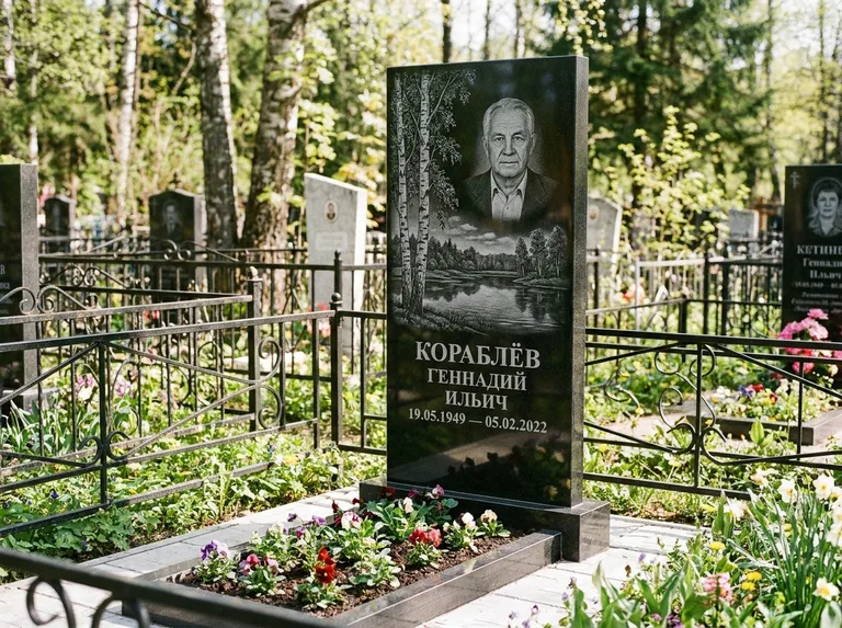 Памятник с гравировкой берёзы — гравировка берёзы у зеркального озера, работа «Кораблёв» в Санкт-Петербурге