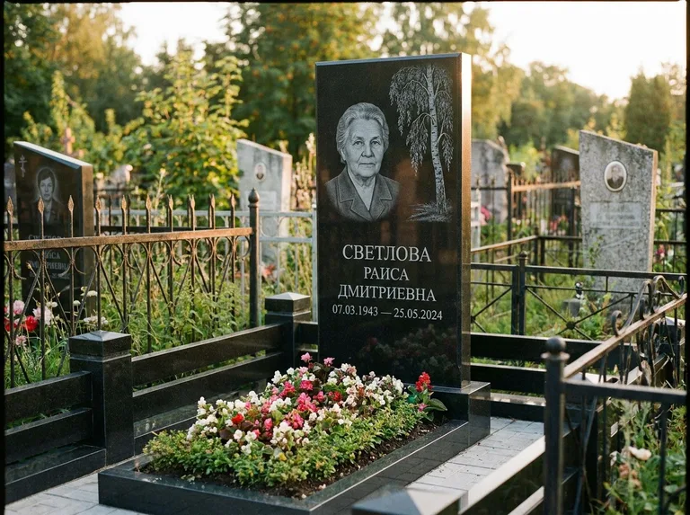 Памятник с гравировкой берёзы — гравировка плакучей берёзы с тонкими ветвями, работа «Светлова» в Санкт-Петербурге