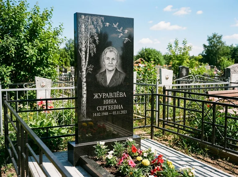 Памятник с гравировкой берёзы — гравировка берёзы с журавлиным клином в небе, работа «Журавлёва» в Санкт-Петербурге