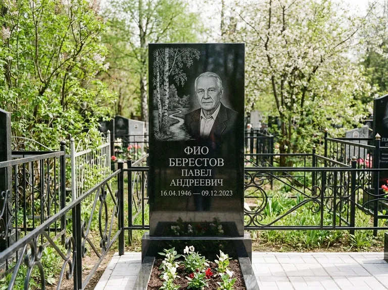 Памятник с гравировкой берёзы — гравировка берёзы у тропинки, уходящей вдаль, работа «Берестов» в Санкт-Петербурге