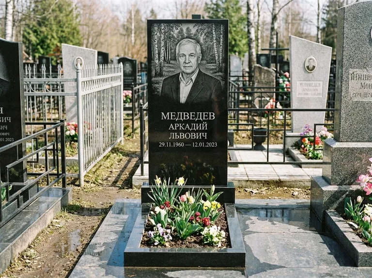 Памятник с гравировкой берёзы — гравировка берёзовой рощи в глубину, работа «Медведев» в Санкт-Петербурге