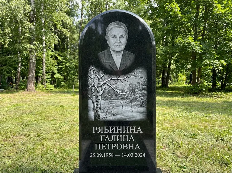 Памятник с гравировкой берёзы: стела с плавным арочным верхом — зимняя берёза, снег на ветвях, газон без ограды, стриженая трава, работа «Рябинина» в Санкт-Петербурге