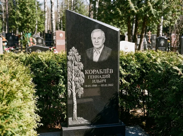 Памятник с гравировкой берёзы: асимметричная скошенная стела — объёмная одинокая берёза с фактурной корой, живая изгородь из туи, работа «Кораблёв» в Санкт-Петербурге
