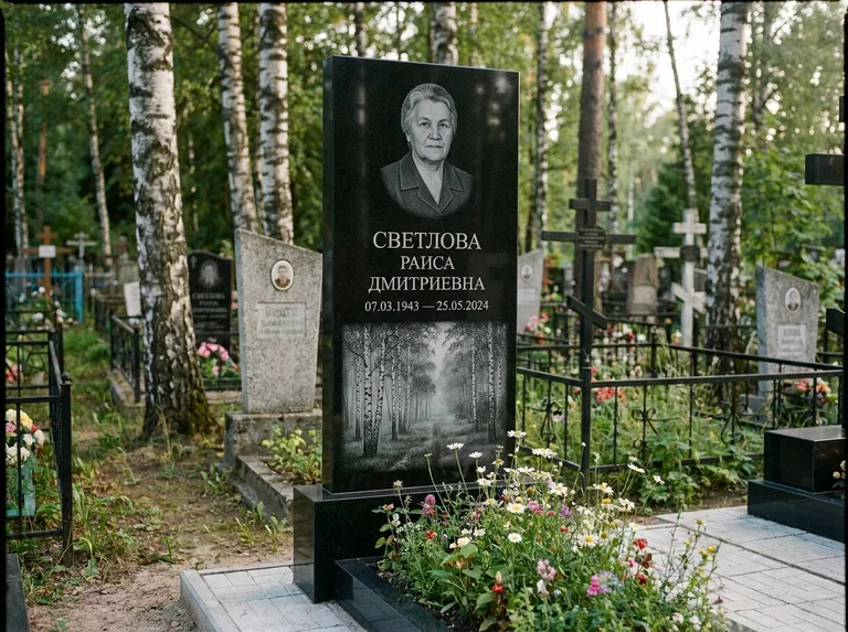 Памятник с гравировкой берёзы: двойная семейная стела — берёзовая роща в лёгкой дымке, цветник с полевыми цветами, работа «Светлова» в Санкт-Петербурге