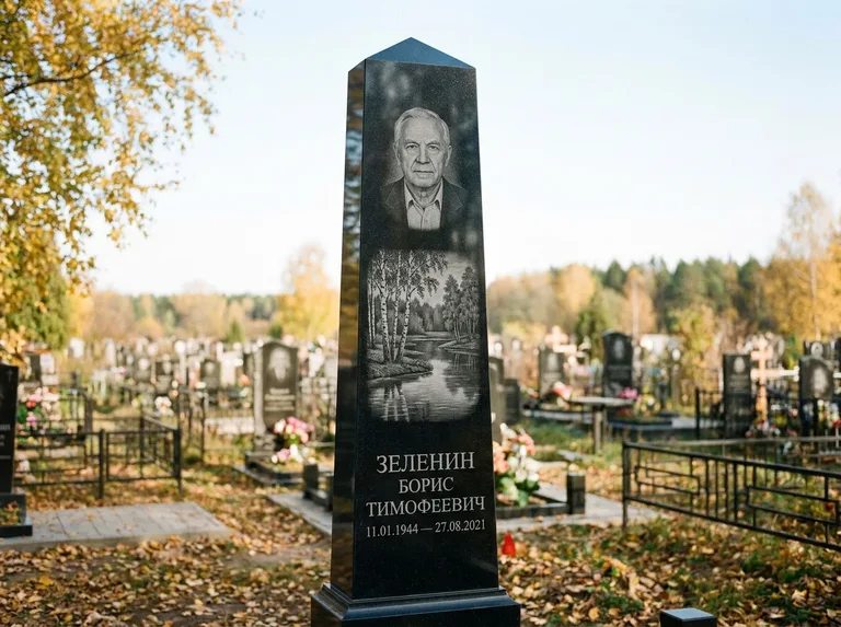 Памятник с гравировкой берёзы: гранёный обелиск-колонна — берёза у воды с отражением, открытый участок, мягкий свет, работа «Зеленин» в Санкт-Петербурге