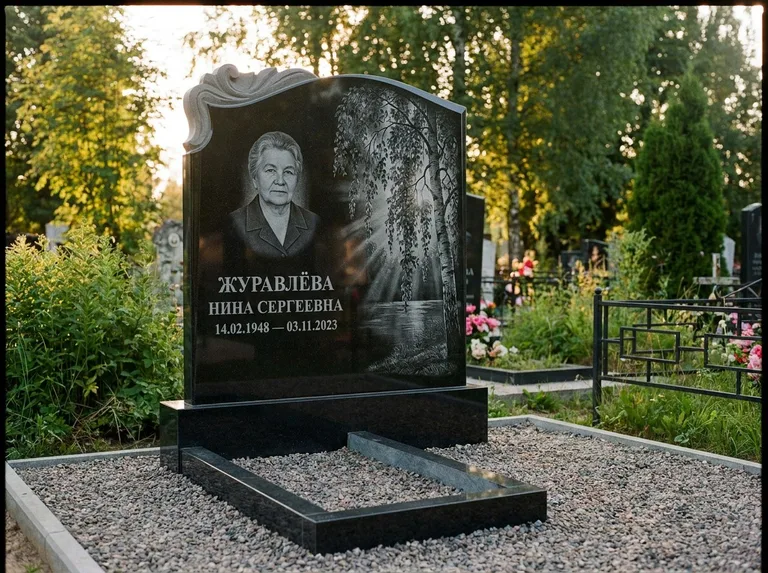 Памятник с гравировкой берёзы: стела с фигурным резным верхом — плакучая берёза в контровом свете, гравийная отсыпка, рассвет, работа «Журавлёва» в Санкт-Петербурге