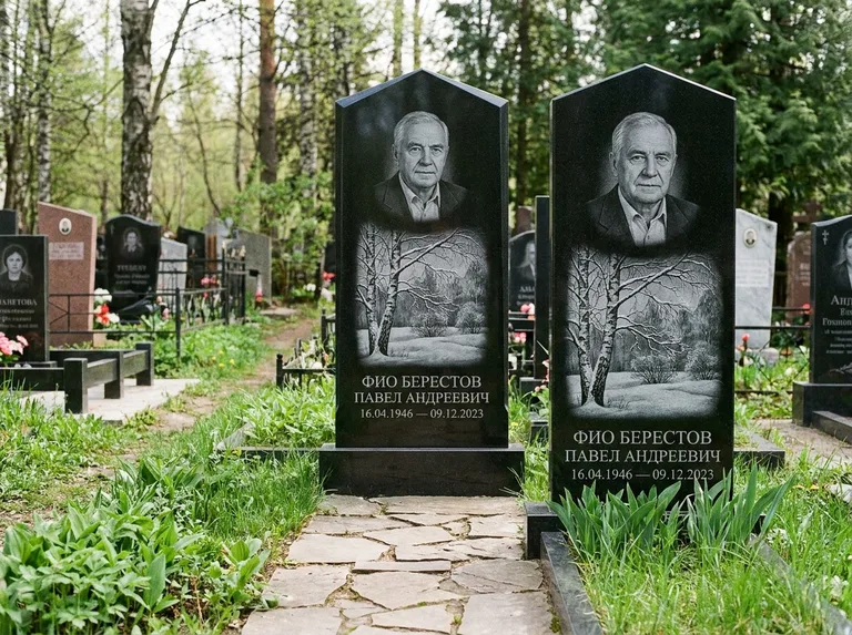 Памятник с гравировкой берёзы: массивная стела с двускатным навершием — зимняя берёза, снег на ветвях, дорожка из природного плитняка, работа «Берестов» в Санкт-Петербурге