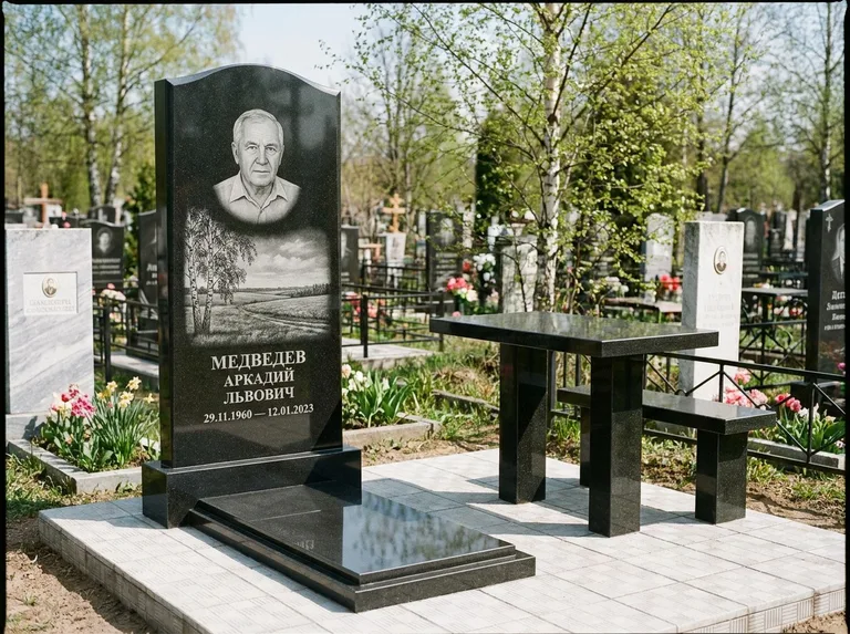 Памятник с гравировкой берёзы: стела с гранитным столиком и скамьёй — берёза у поля, простор до горизонта, семейный участок с плиткой, работа «Медведев» в Санкт-Петербурге