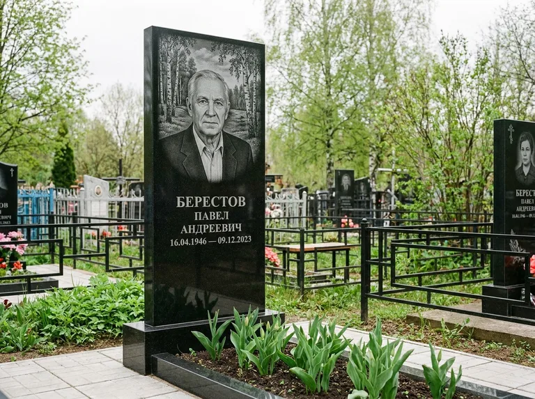 Памятник с гравировкой берёзы — гравировка берёзовой рощи в глубину, работа «Берестов» в Санкт-Петербурге