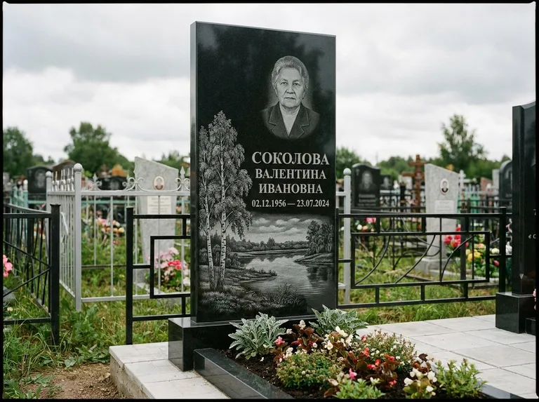 Памятник с гравировкой берёзы — гравировка берёзы у зеркального озера, работа «Соколова» в Санкт-Петербурге