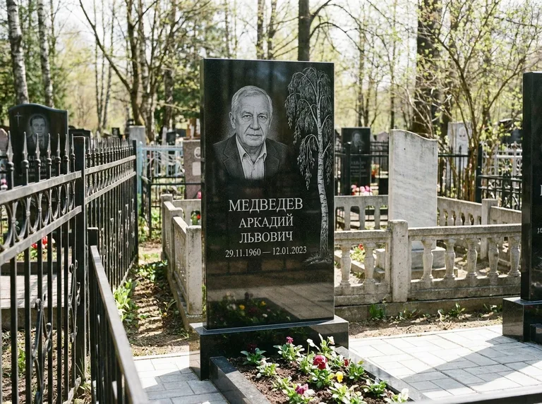 Памятник с гравировкой берёзы — гравировка плакучей берёзы с тонкими ветвями, работа «Медведев» в Санкт-Петербурге