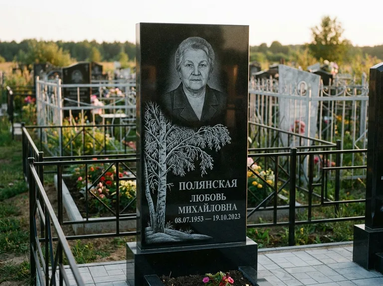 Памятник с гравировкой берёзы — гравировка зимней берёзы в инее, работа «Полянская» в Санкт-Петербурге