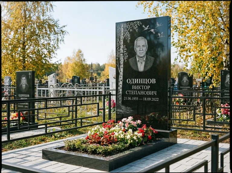 Памятник с гравировкой берёзы — гравировка берёзы с журавлиным клином в небе, работа «Одинцов» в Санкт-Петербурге