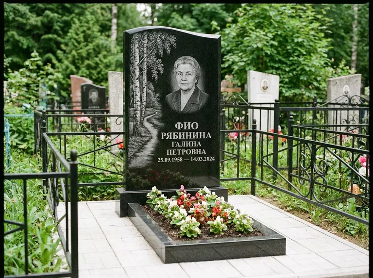 Памятник с гравировкой берёзы — гравировка берёзы у тропинки, уходящей вдаль, работа «Рябинина» в Санкт-Петербурге