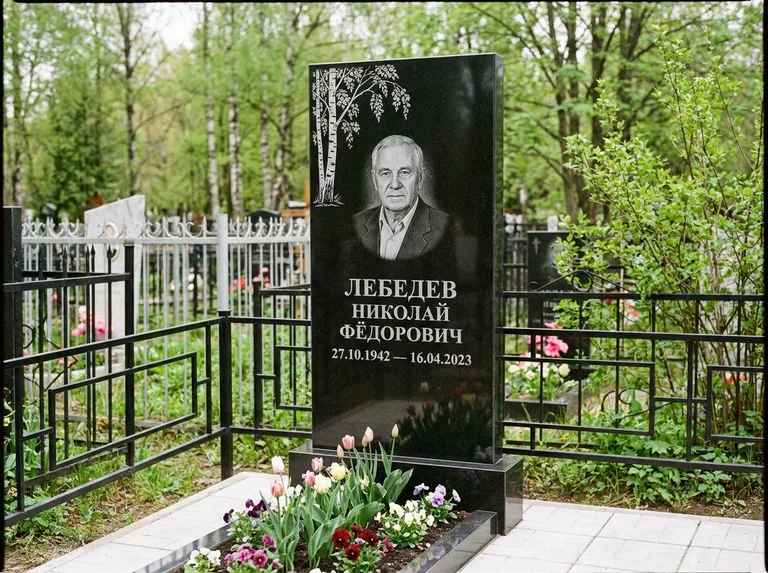 Памятник с гравировкой берёзы — гравировка одинокой берёзы над именем, работа «Лебедев» в Санкт-Петербурге
