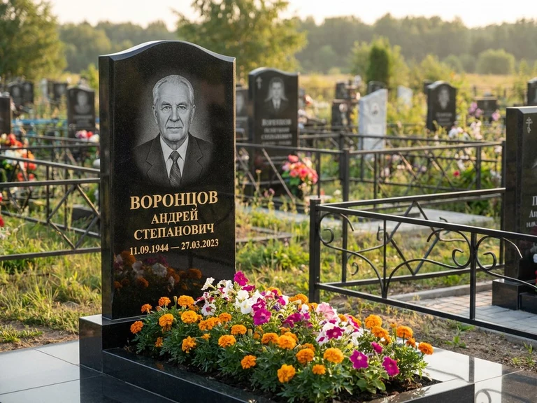 Гравировка фото на памятнике в Санкт-Петербурге — готовый гравированный портрет на чёрном граните