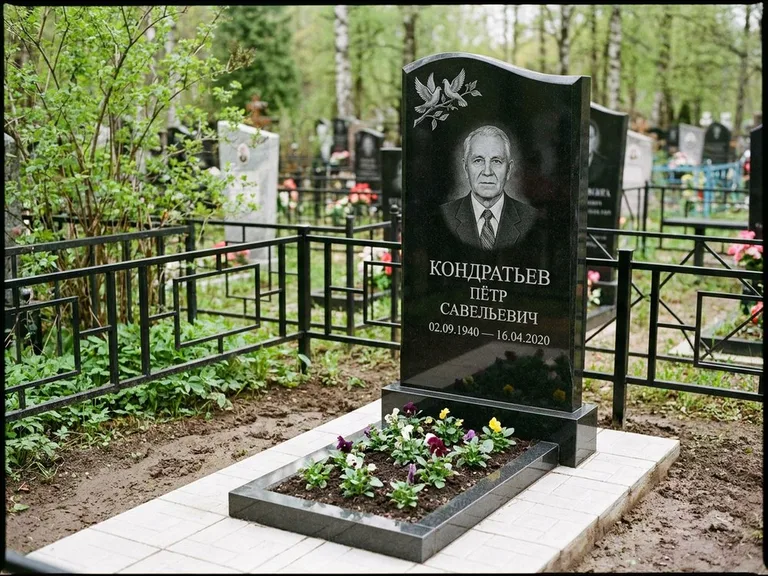Памятник с гравировкой голубей — гравировка пары голубей на ветке в верхнем углу стелы, работа «Кондратьев» в Санкт-Петербурге