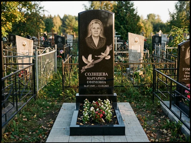Памятник с гравировкой голубей — гравировка двух летящих голубей с лентой по диагонали стелы, работа «Солнцева» в Санкт-Петербурге