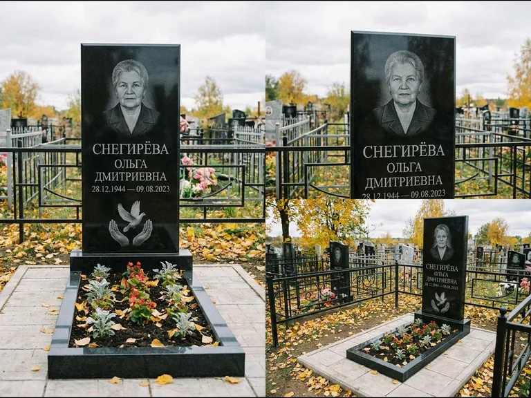 Памятник с гравировкой голубей — гравировка голубя над раскрытыми ладонями внизу стелы, работа «Снегирёва» в Санкт-Петербурге