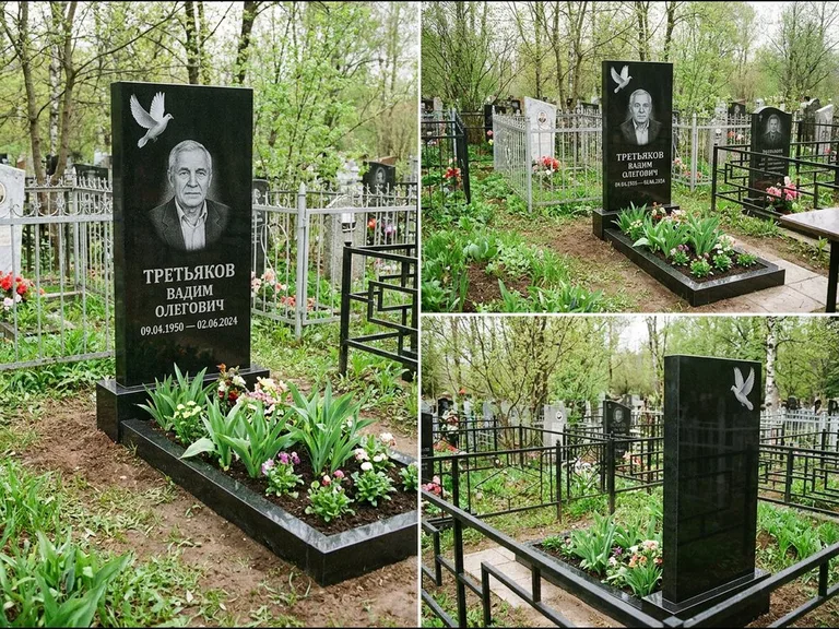 Памятник с гравировкой голубей — белая гравировка взлетающего голубя над портретом, работа «Третьяков» в Санкт-Петербурге