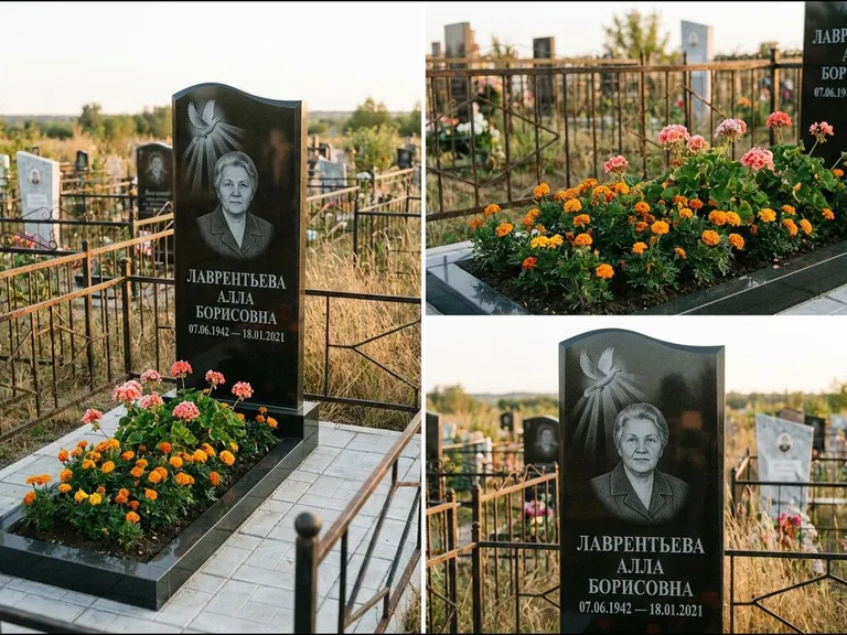 Памятник с гравировкой голубей — гравировка голубя в лучах света над портретом, работа «Лаврентьева» в Санкт-Петербурге
