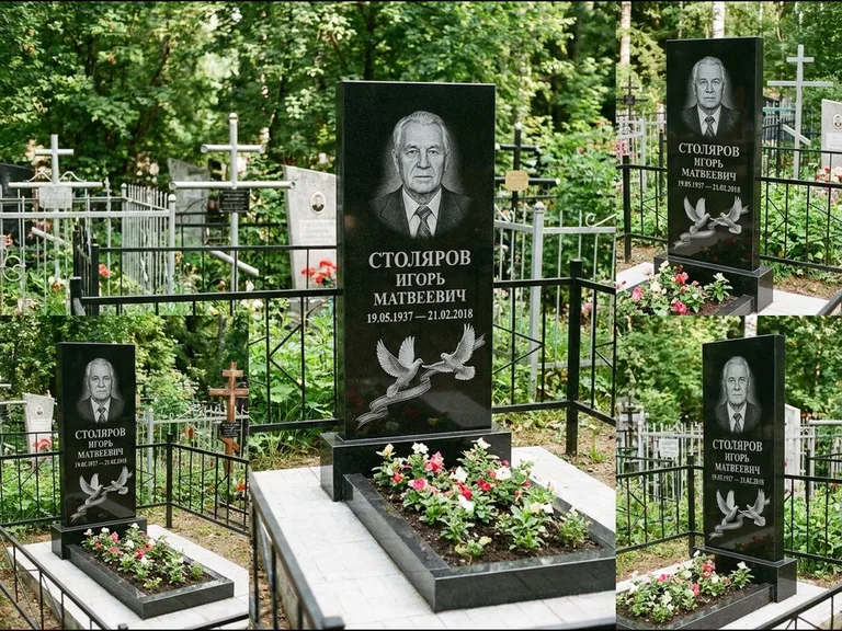 Памятник с гравировкой голубей — гравировка двух летящих голубей с лентой по диагонали стелы, работа «Столяров» в Санкт-Петербурге