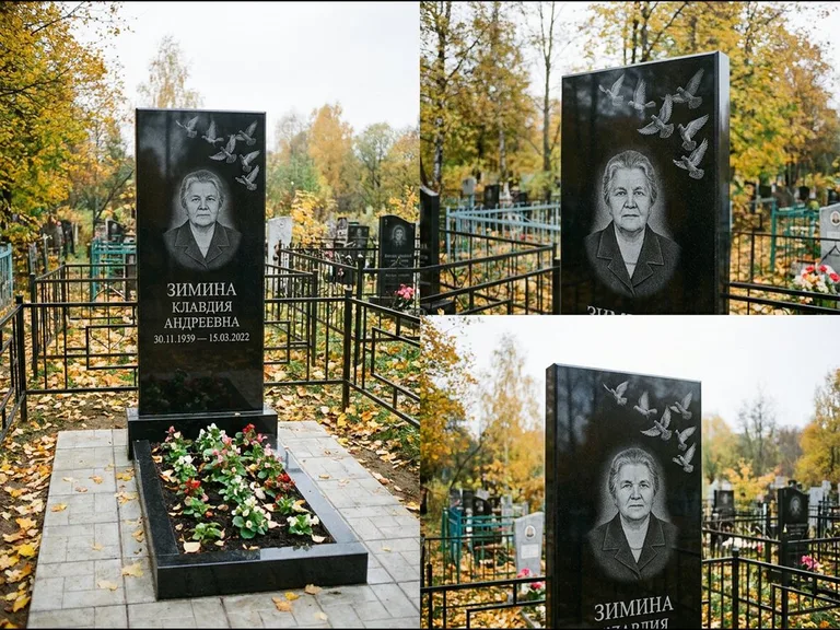 Памятник с гравировкой голубей — гравировка стаи голубей, взлетающей от угла стелы, работа «Зимина» в Санкт-Петербурге