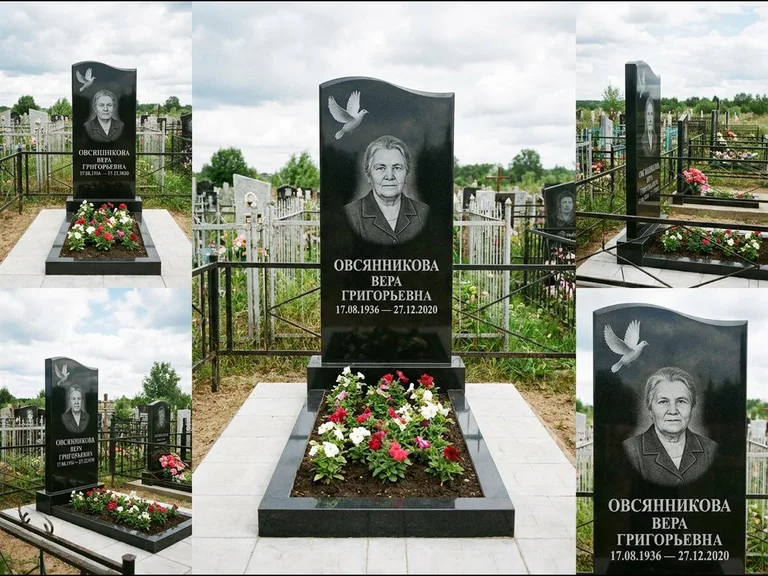 Памятник с гравировкой голубей — белая гравировка взлетающего голубя над портретом, работа «Овсянникова» в Санкт-Петербурге