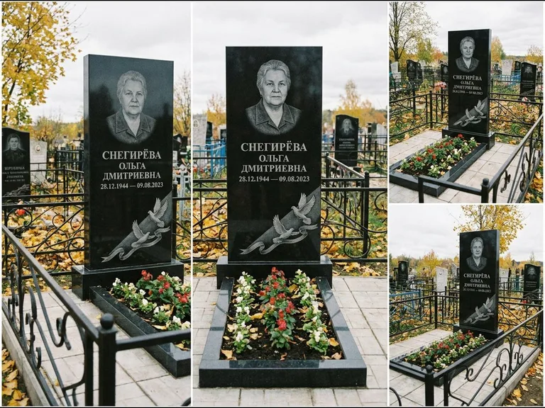 Памятник с гравировкой голубей — гравировка двух летящих голубей с лентой по диагонали стелы, работа «Снегирёва» в Санкт-Петербурге