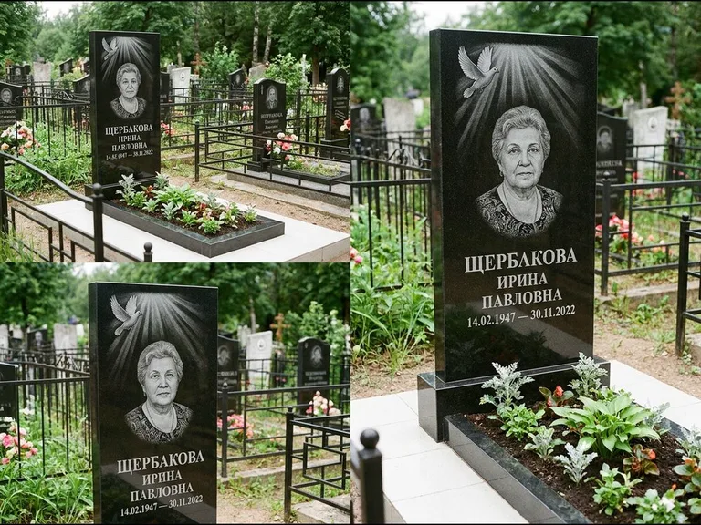 Памятник с гравировкой голубей — гравировка голубя в лучах света над портретом, работа «Щербакова» в Санкт-Петербурге