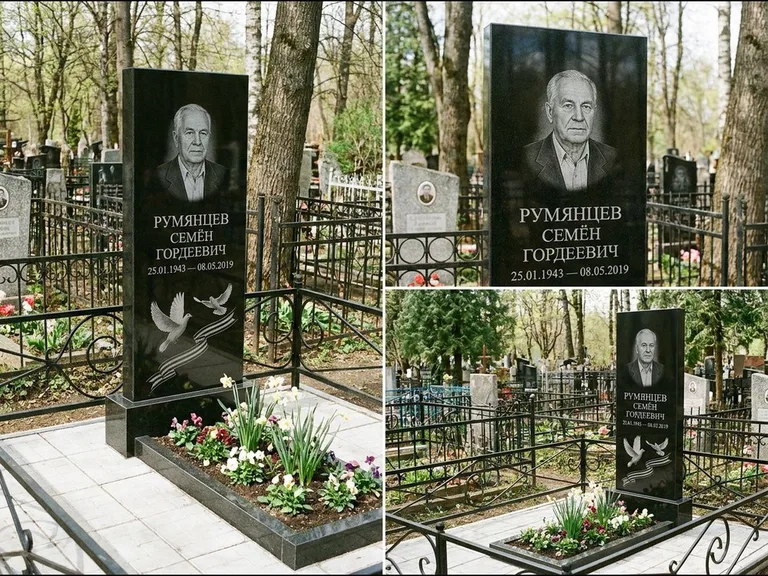 Памятник с гравировкой голубей — гравировка двух летящих голубей с лентой по диагонали стелы, работа «Румянцев» в Санкт-Петербурге