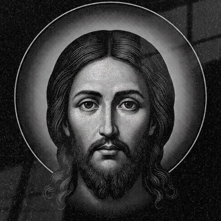Эскиз иконы: Спас Нерукотворный (полутон) — детальный лик на убрусе, гравировка на памятник в Санкт-Петербурге