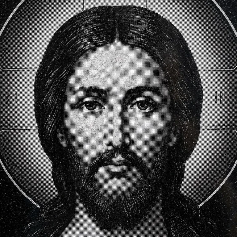 Эскиз иконы: Спас Вседержитель (полутон) — объёмный лик, светотень, гравировка на памятник в Санкт-Петербурге