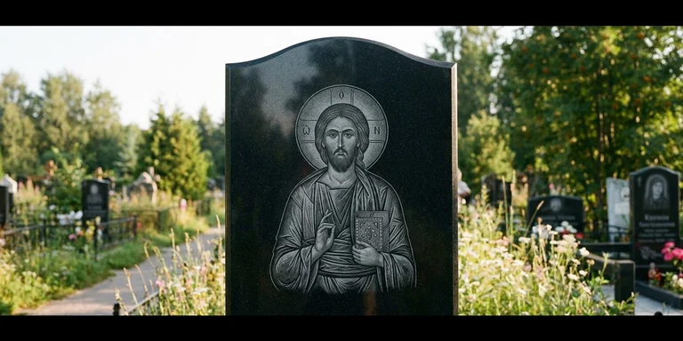 Иконы для гравировки на памятник в Санкт-Петербурге — образ на стеле из чёрного гранита с ручной доводкой лика