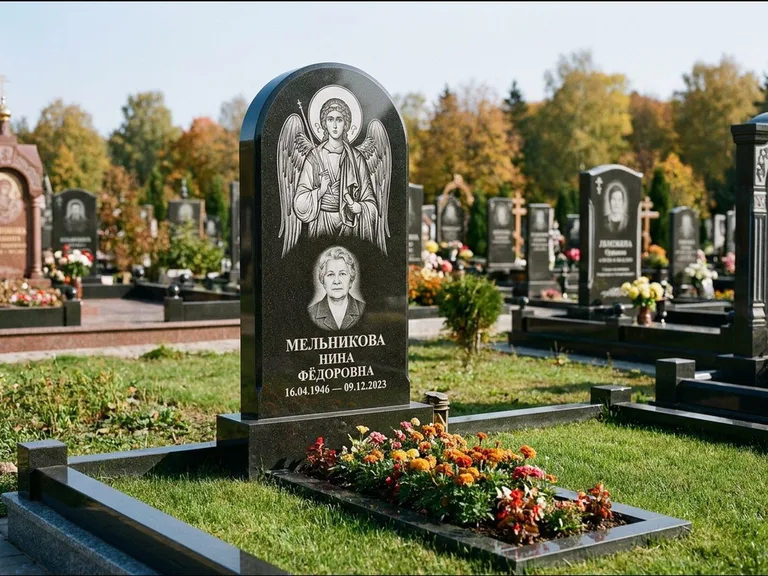 Памятник с гравировкой иконы — икона над портретом усопшего, работа «Журавлёв» в Санкт-Петербурге