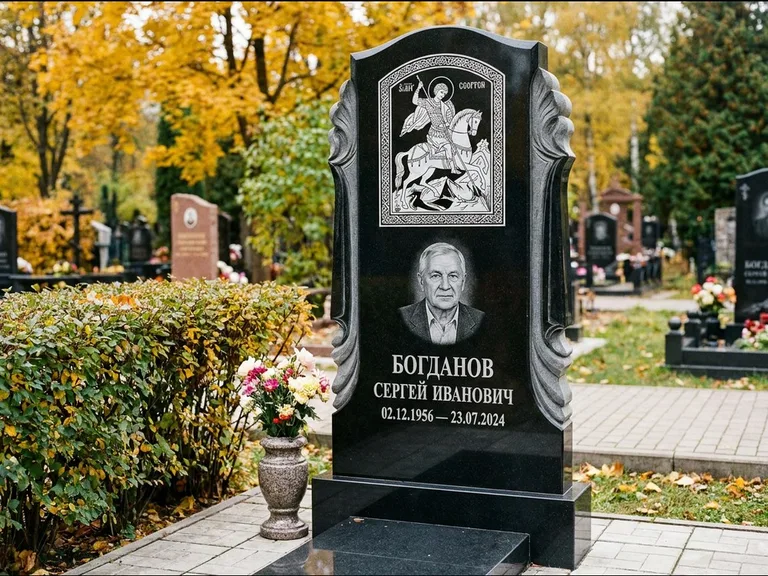 Памятник с гравировкой иконы — икона Спаса Вседержителя над именем усопшего, работа «Лебедева» в Санкт-Петербурге