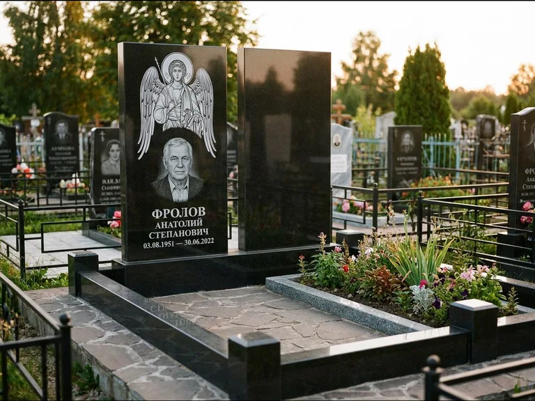 Памятник с гравировкой иконы: стела с резной рамкой вокруг иконы — Архангел Михаил на стеле, белая мраморная крошка с бордюром, работа «Богданова» в Санкт-Петербурге