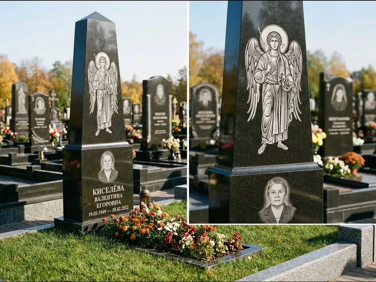 Памятник с гравировкой иконы: асимметричная скошенная стела — гравировка образа Спасителя, живая изгородь из кустарника, работа «Третьяков» в Санкт-Петербурге