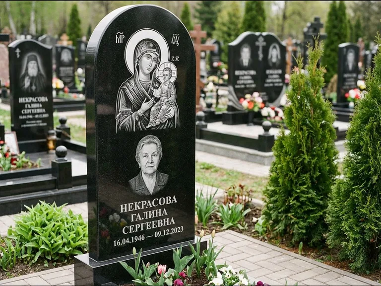 Памятник с гравировкой иконы: фигурная стела с киот-нишей под икону — икона в резной рамке-киоте, светлая гравийная отсыпка, работа «Журавлёв» в Санкт-Петербурге