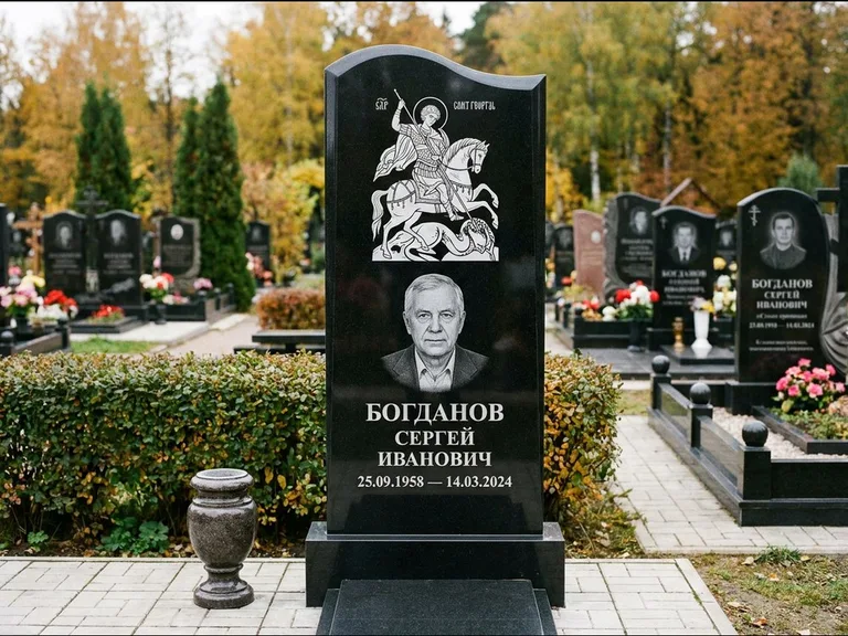 Памятник с гравировкой иконы: монументальный семейный мемориал из двух стел на общем цоколе — гравировка Николая Чудотворца, мощёная гранитная площадка без ограды, работа «Раевская» в Санкт-Петербурге