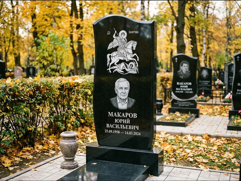 Памятник с гравировкой иконы — икона над портретом усопшего, работа «Раевская» в Санкт-Петербурге
