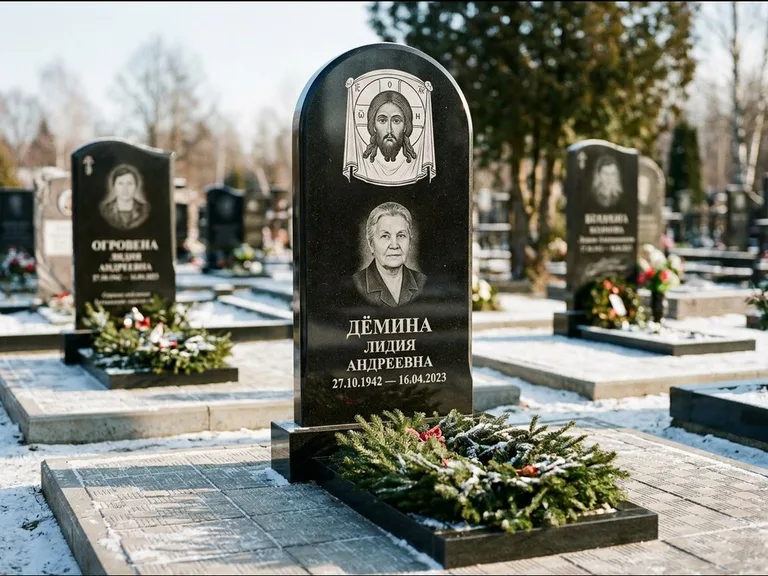 Памятник с гравировкой иконы — икона Спаса Вседержителя над именем усопшего, работа «Ковалёв» в Санкт-Петербурге