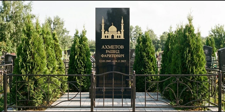 Гравировка мечети на памятник в Санкт-Петербурге — стела из чёрного гранита, оформление по канонам ислама