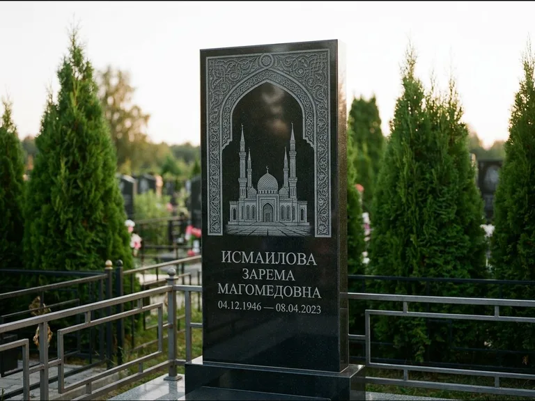 Мусульманский памятник с гравировкой мечети — мечеть в восточной арке с орнаментом, работа «Исмаилова» в Санкт-Петербурге