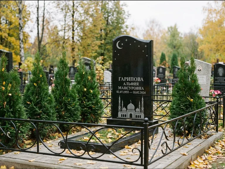 Мусульманский памятник с гравировкой мечети — мечеть с луной в ночном небе, работа «Гарипова» в Санкт-Петербурге