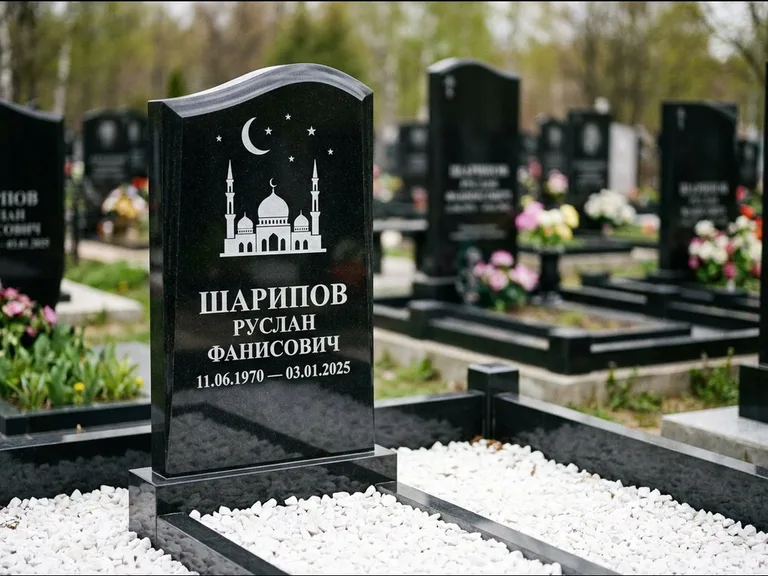 Мусульманский памятник с гравировкой мечети: стела с волнообразным скошенным верхом — гравировка мечети под полумесяцем и звёздами, белая мраморная крошка с бордюром, работа «Шарипов» в Санкт-Петербурге