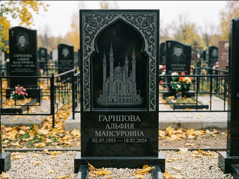 Мусульманский памятник с гравировкой мечети: фигурная стела с михраб-нишей — гравировка мечети в михраб-арке с орнаментом, светлая гравийная отсыпка, работа «Гарипова» в Санкт-Петербурге