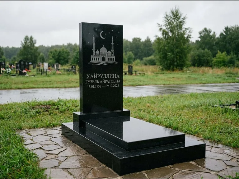 Мусульманский памятник с гравировкой мечети: ступенчатая двухуровневая стела — гравировка мечети под полумесяцем и звёздами, каменная дорожка из плитняка, работа «Хайруллина» в Санкт-Петербурге