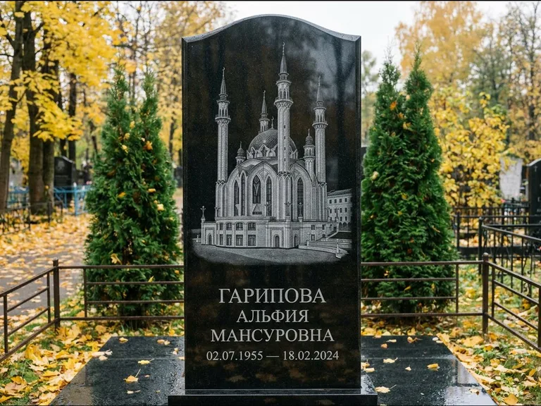 Мусульманский памятник с гравировкой мечети — мечеть Кул-Шариф на обороте стелы, работа «Гарипова» в Санкт-Петербурге